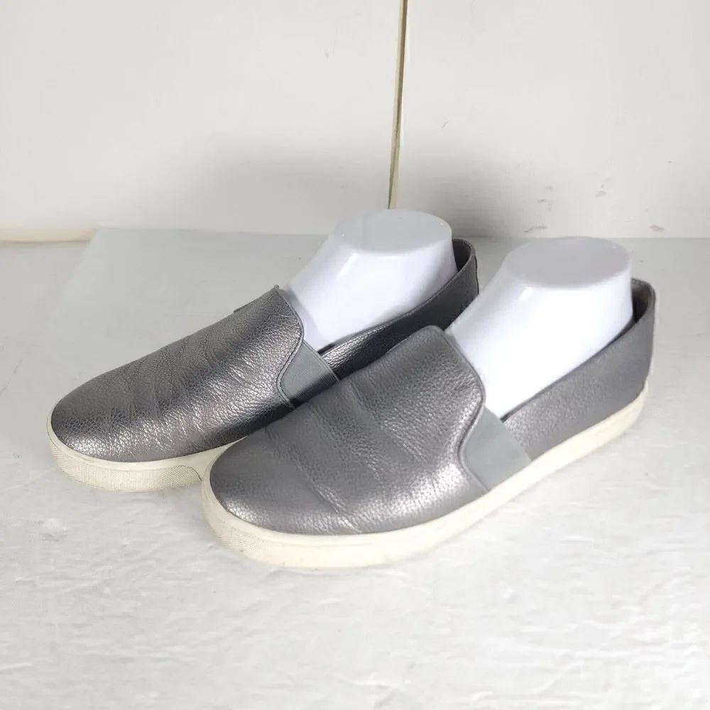 VINCE Women's Blair US9,5 Silver Textured Leather Slip On Loafer Sneakers Shoes